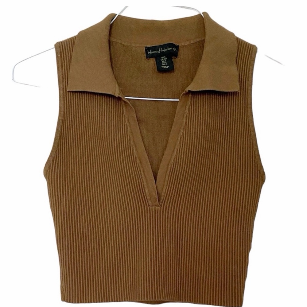House of Harlow 1960 Brown Rib Knit Sleeveless Collared Crop Sweater Top Small